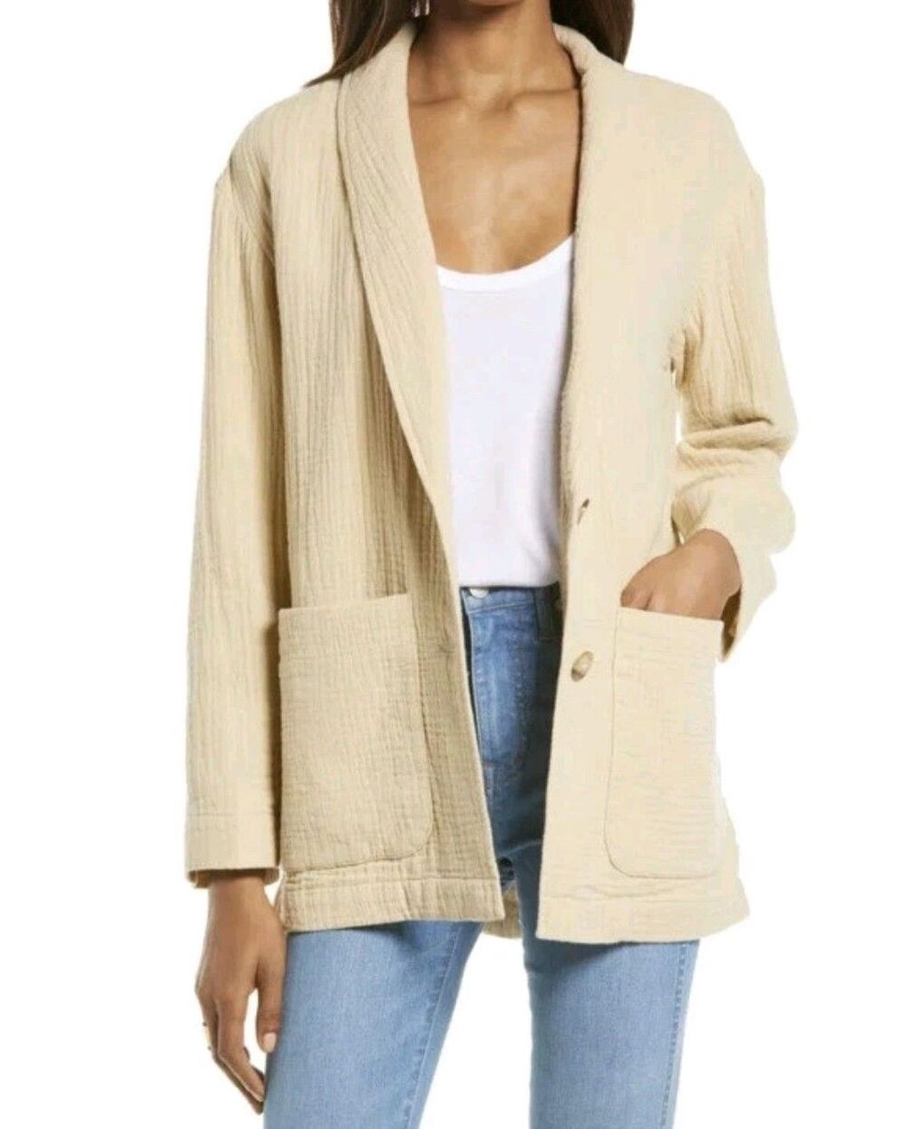 Madewell Women's Oversized Lightspun Dorset Blazer Buttons Cotton Beige Size M